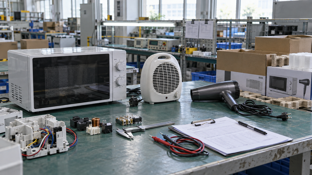 Appliance samples and components arranged for quality inspection