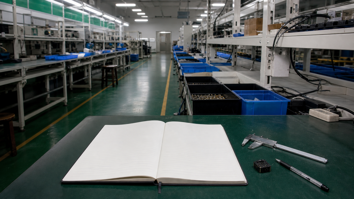 Factory audit notes beside a production line