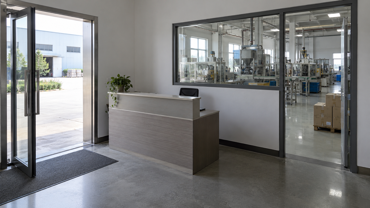 An empty industrial entrance with a production area visible beyond reception