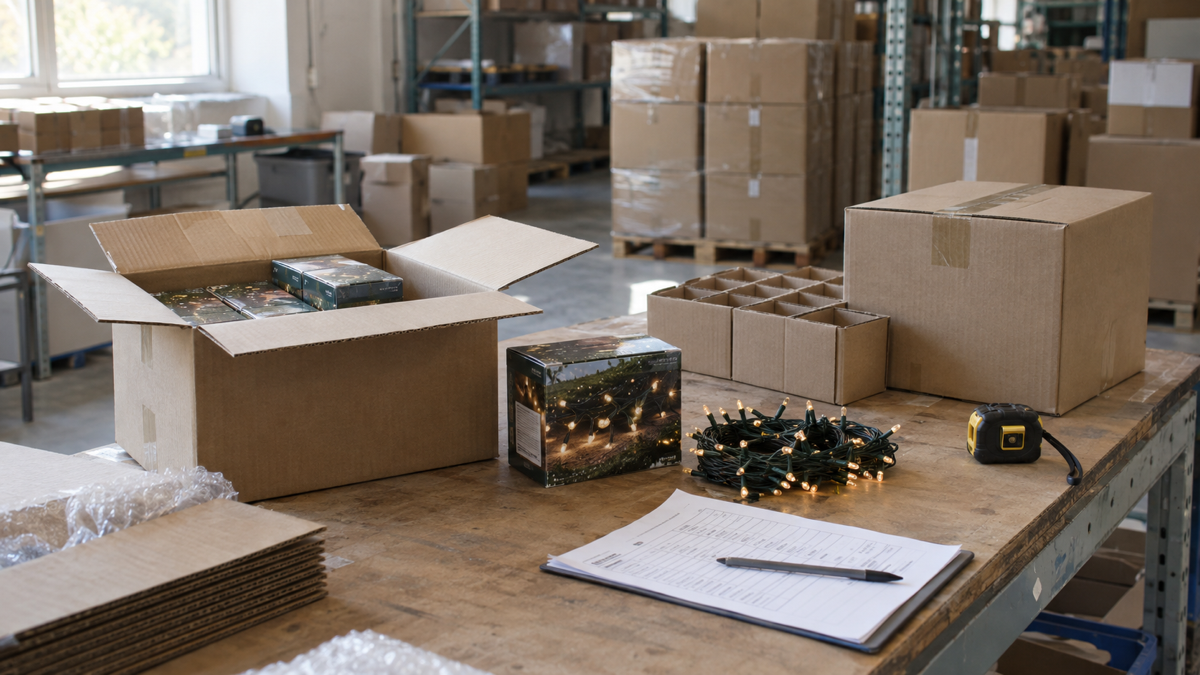 Generic seasonal goods and plain cartons at an outgoing inspection and packing station