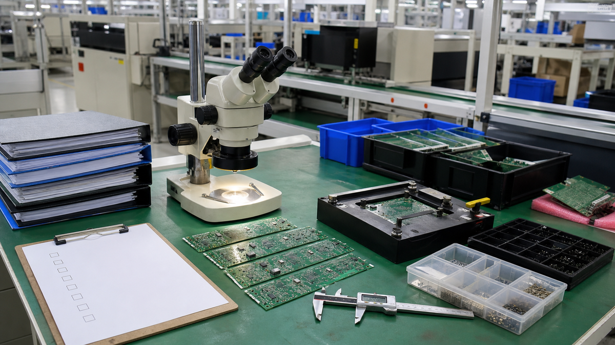 Factory inspection station with production samples, test equipment, and quality records