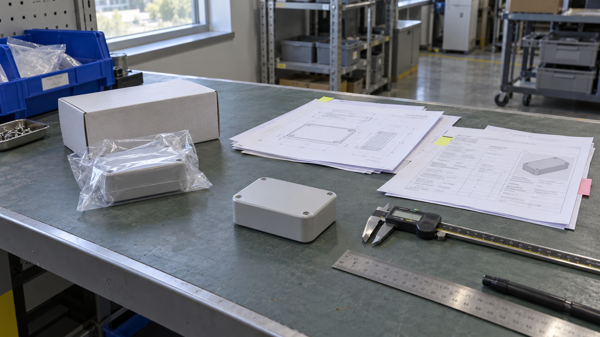 A generic sample and specification documents on an inspection workbench