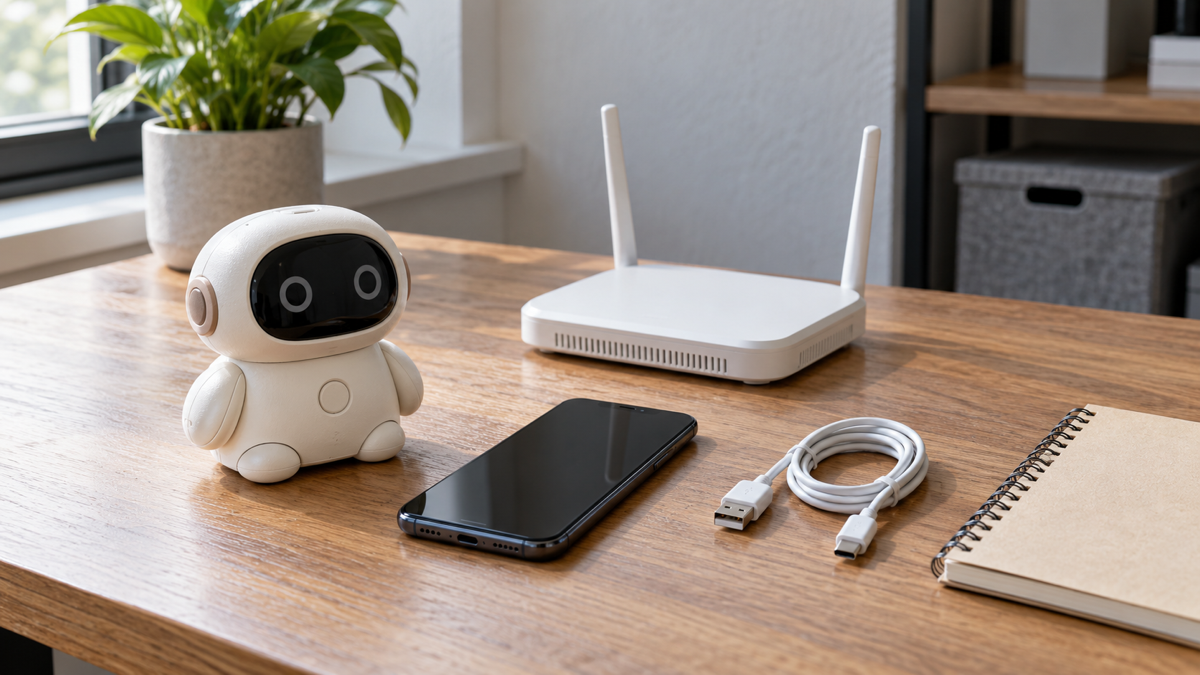 Generic connected-toy sample beside a phone and router for scenario-based evaluation